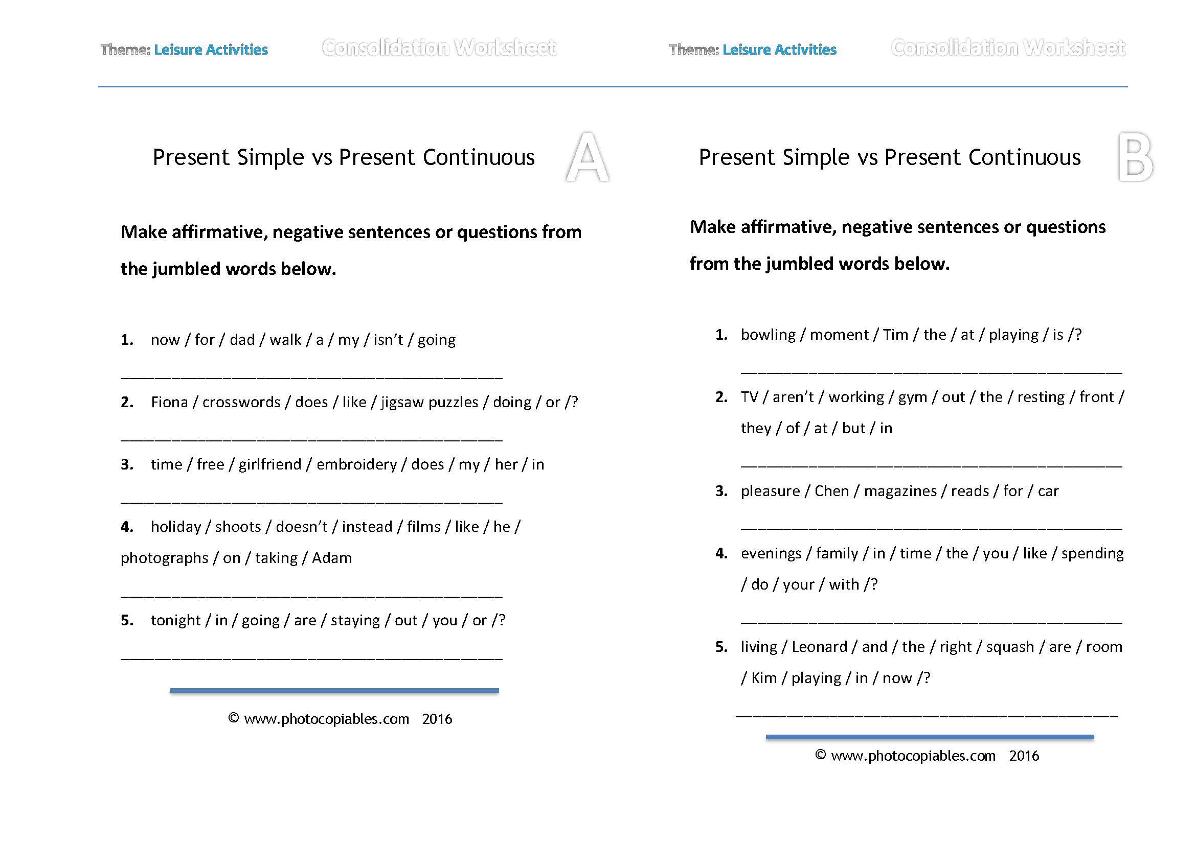 present simple vs present continuous_jumbled-sentences_consolidation worksheet_a-b versions